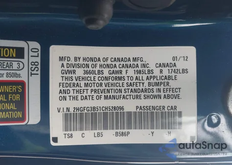 2012 Honda Civic Lx from USA, damaged, VIN 2HGFG3B51CH528096
